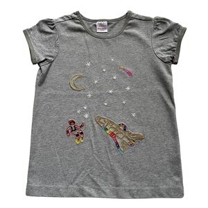 Hanna Andersson Girls Sz 6-7 Graphic T-Shirt Astronaut Space Embroider Gray